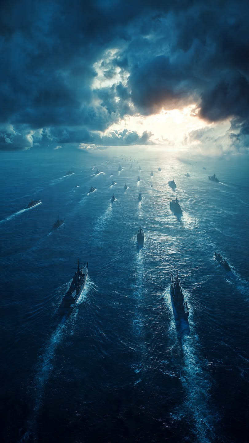 Large fleet sailing under a stormy sky