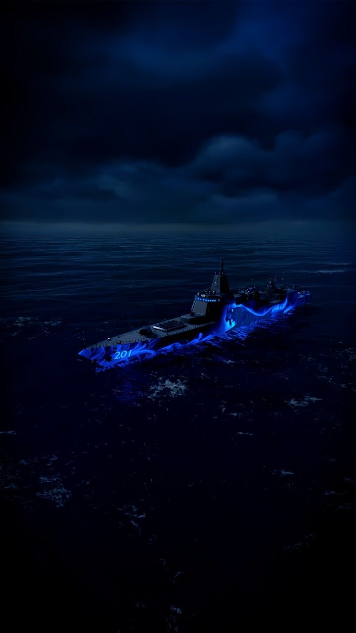 Blue glowing warship at night