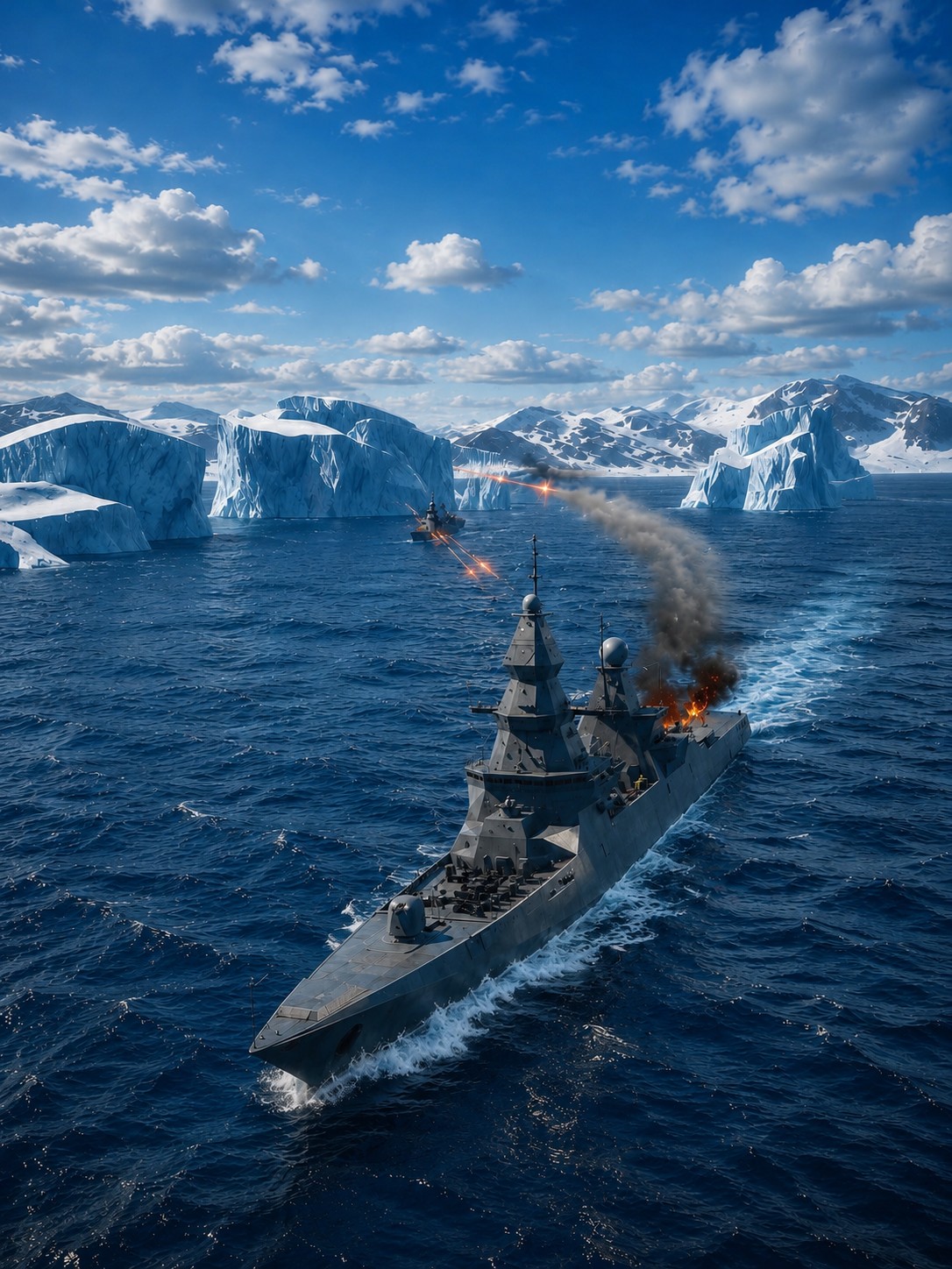 Warship battle in icy waters