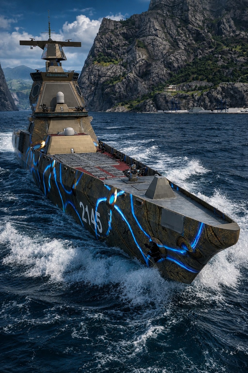 Destroyer with glowing blue hull details