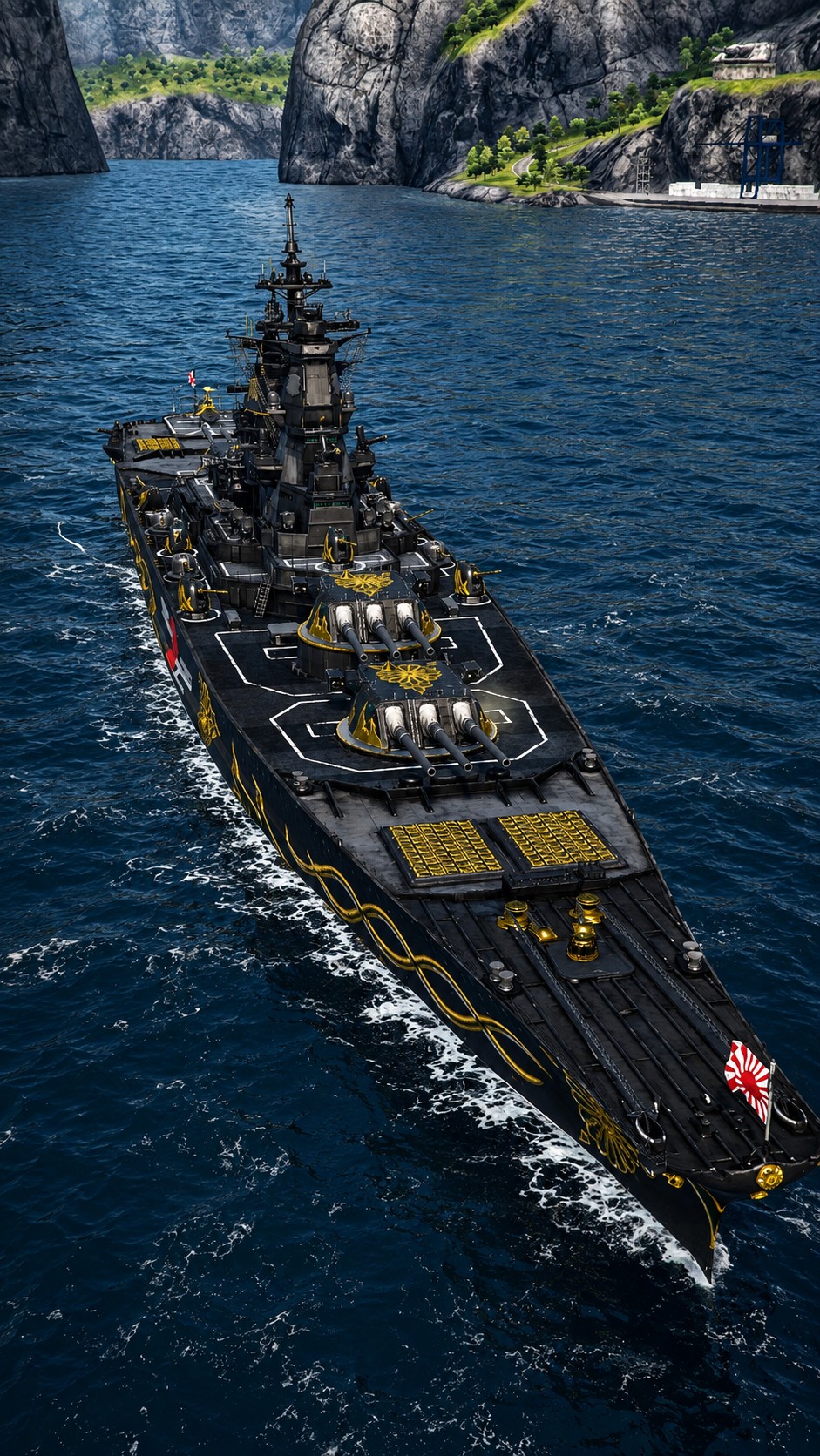 Ornate black battleship sailing through fjord waters