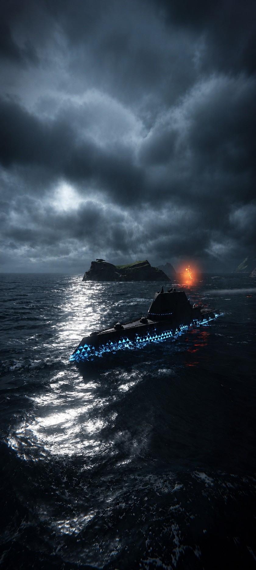 Stormbound vessel in rainy dark seas