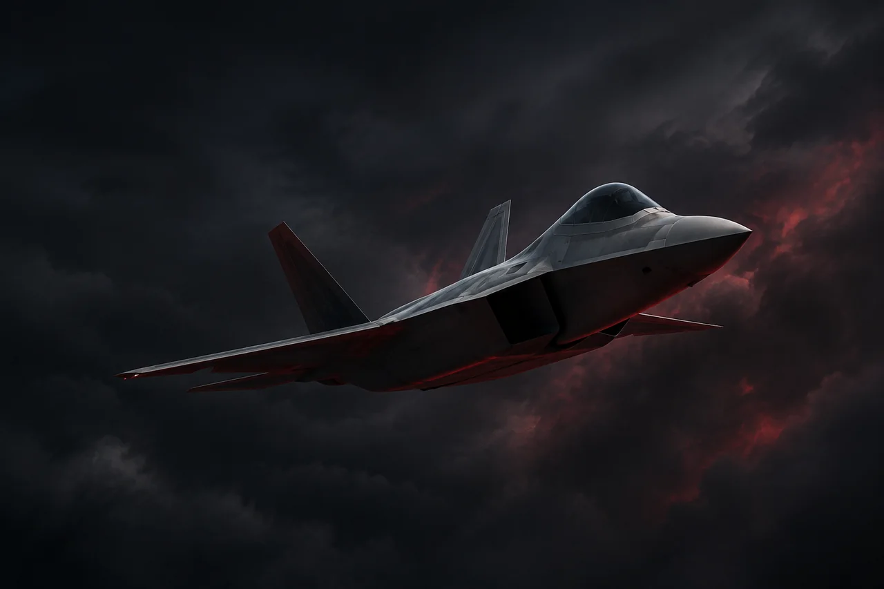 F-22 Raptor flying through dark, red-lit storm clouds