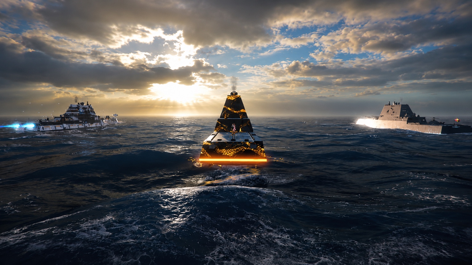 Three modern warships sailing across the ocean at sunset