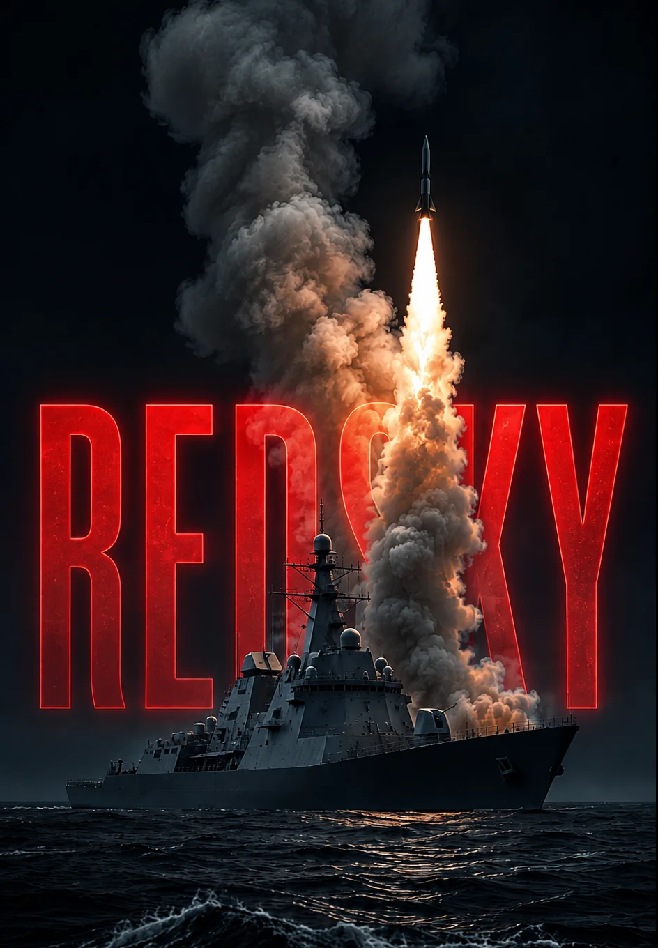 REDSKY warship launching a missile through dark smoke above rough ocean water